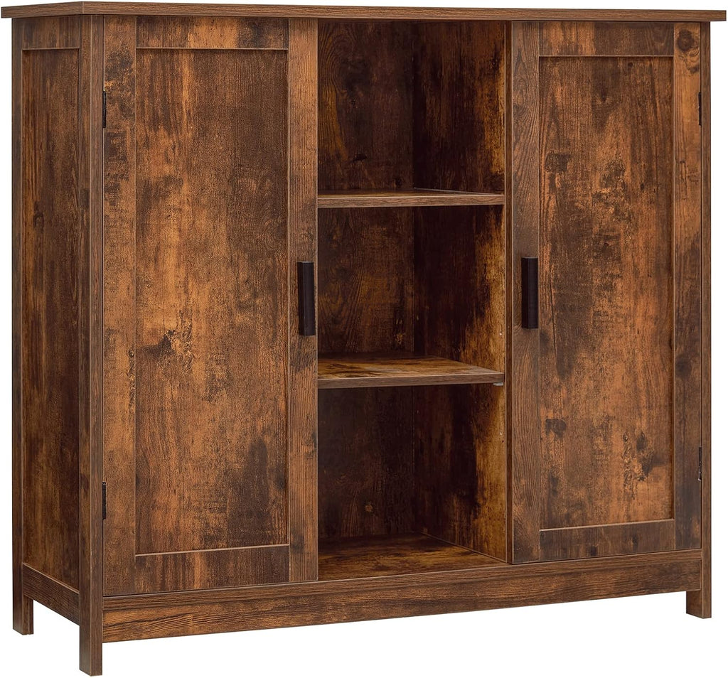 Rustic Oak Wooden Floor Storage Cabinet with 2 Doors and 2 Open Shelves P21853