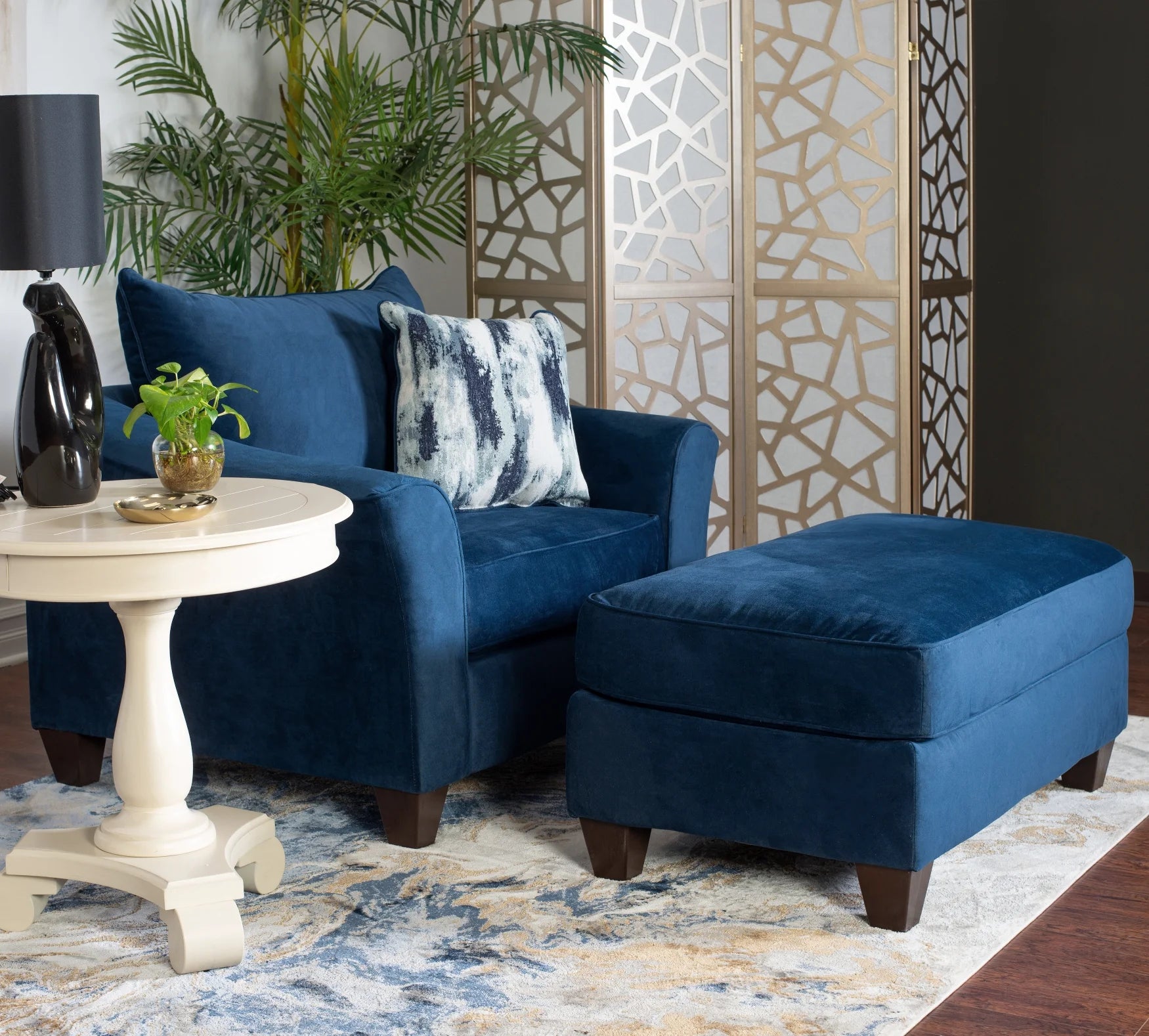 Navy Blue Fabric Pillowback Armchair with Ottoman Set B28413