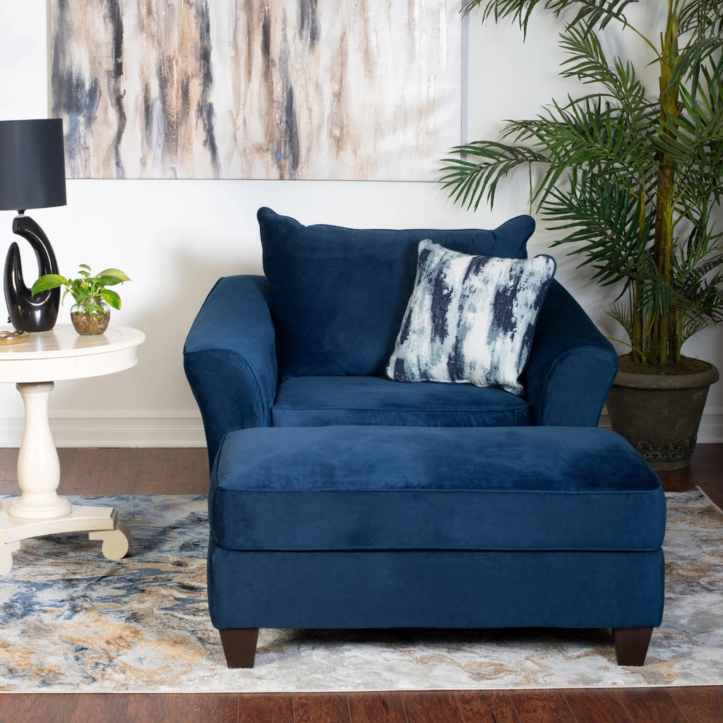 Navy Blue Fabric Pillowback Armchair with Ottoman Set B28413