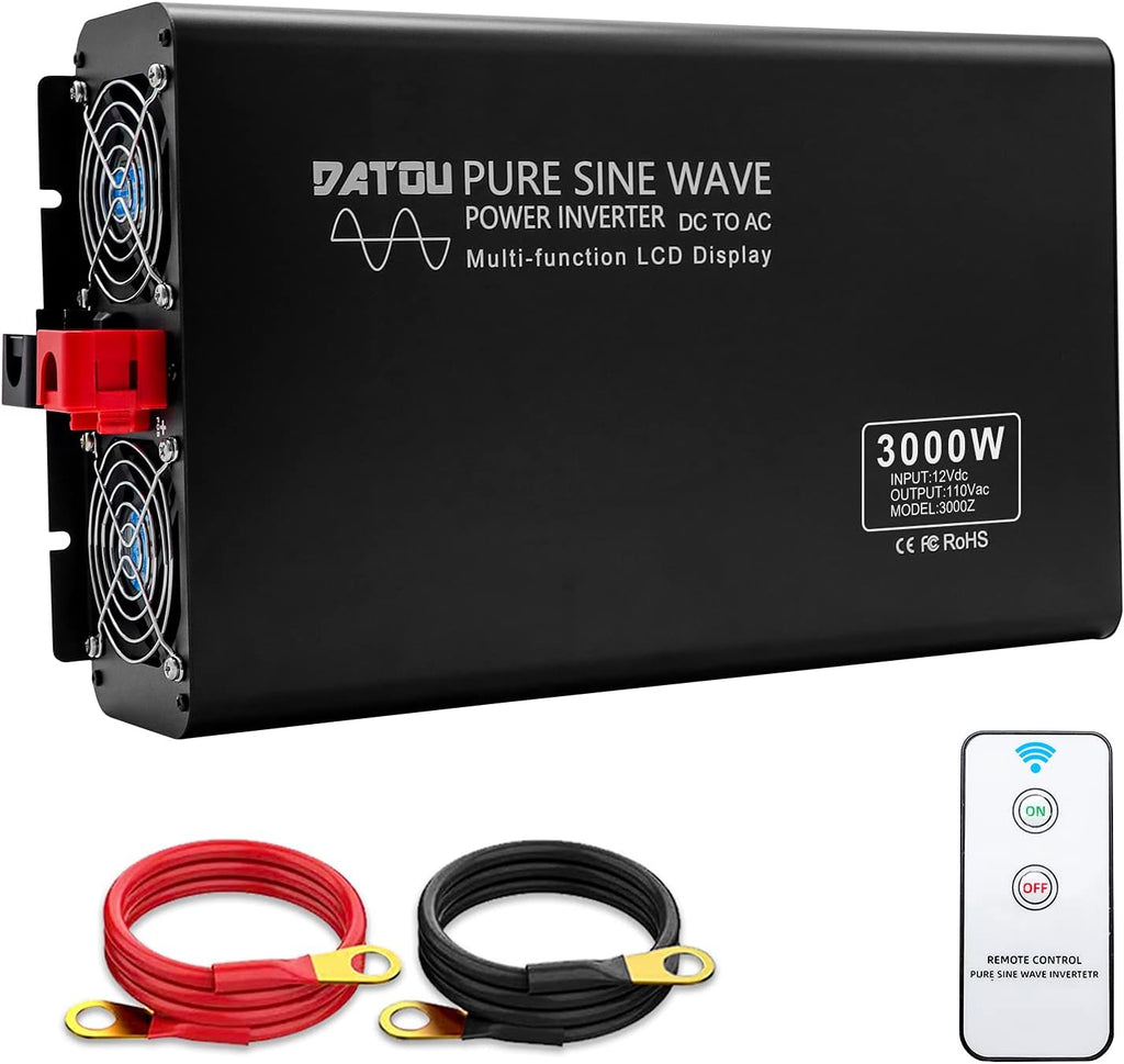 Pure Sine Wave Power Inverter 1000W/2000W Peak DC 12V to 110V AC Car Converter with 2 AC Outlets and LED Display F187