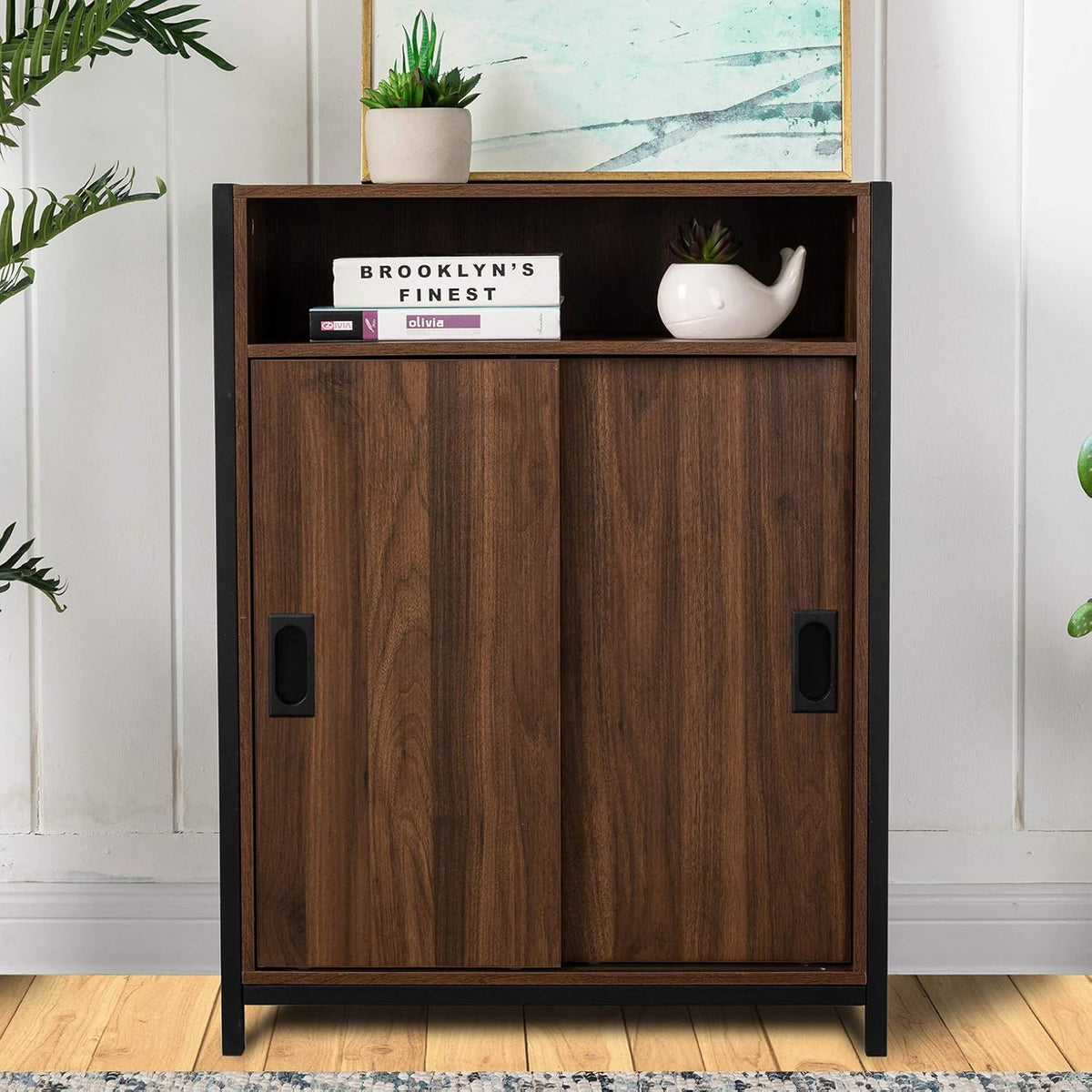 Brown Floor Storage Cabinet with Double Doors and Adjustable Shelf O48556