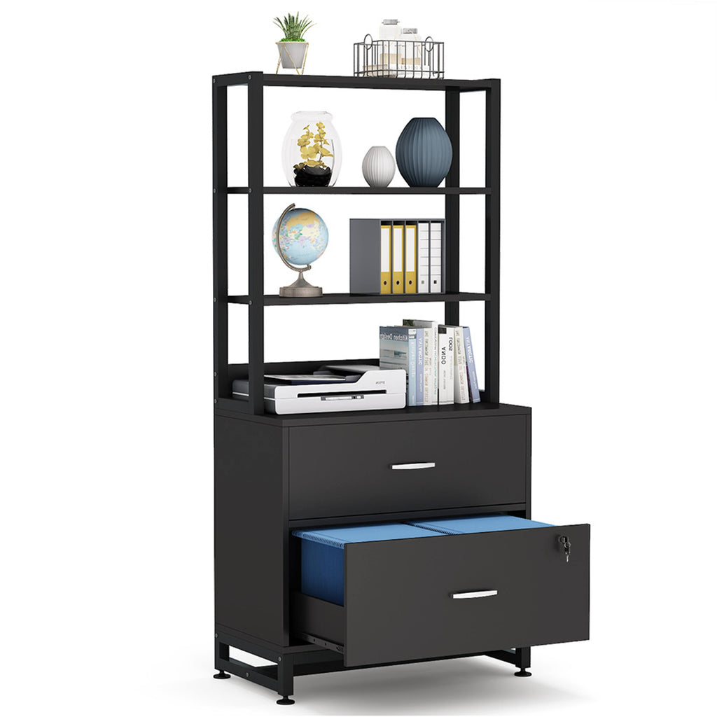 2 Drawer File Cabinet with Lock Bookshelf, Letter Size Printer Stand - Brown Y740566