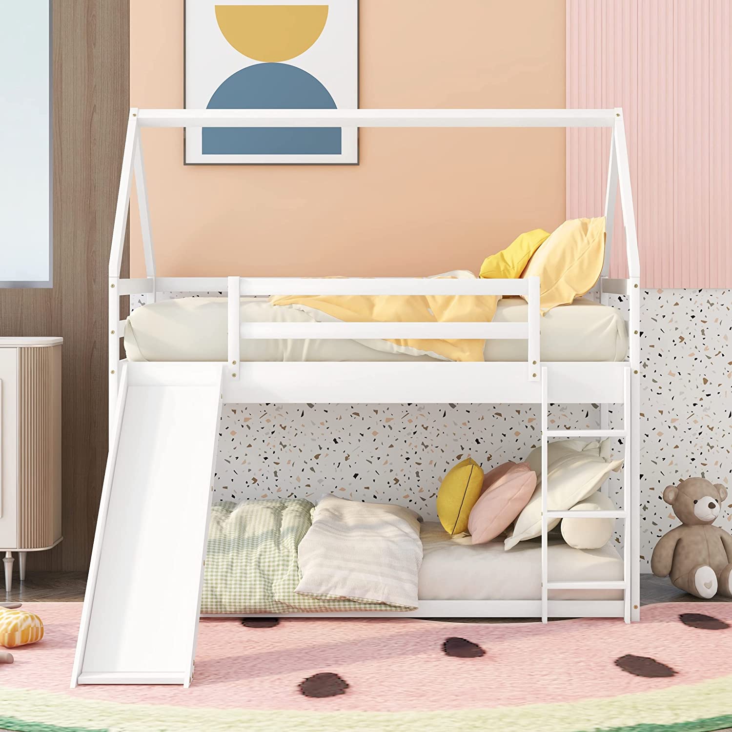 White Wood Buk Bed With Slide P9022