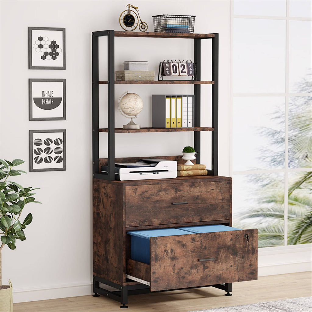 2 Drawer File Cabinet with Lock Bookshelf, Letter Size Printer Stand - Brown Y740566
