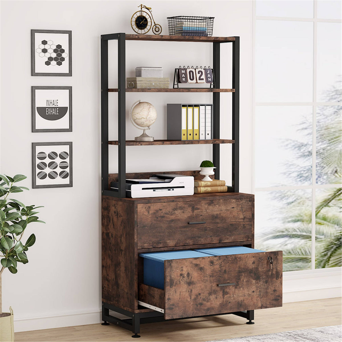 2 Drawer File Cabinet with Lock Bookshelf, Letter Size Printer Stand - Brown Y740566