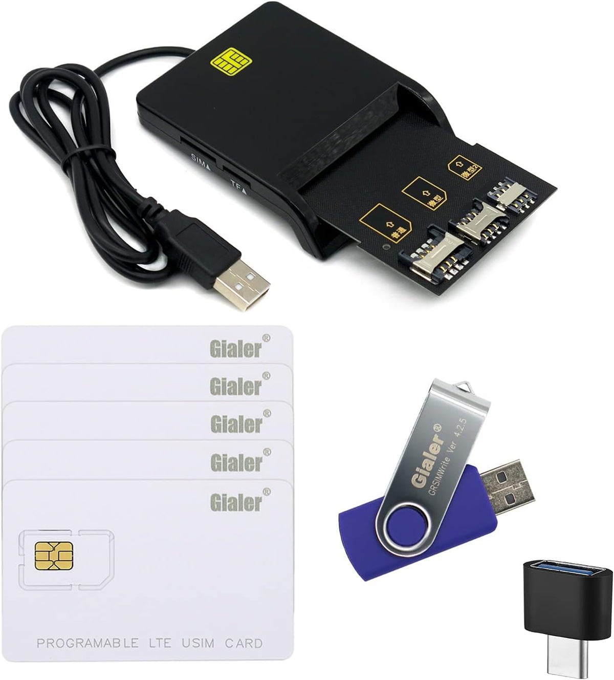 SIM Card Program Kit with Multi SIM Card Reader, 5pcs Programmable USIM Cards, 3 in 1 Card Adapter U915