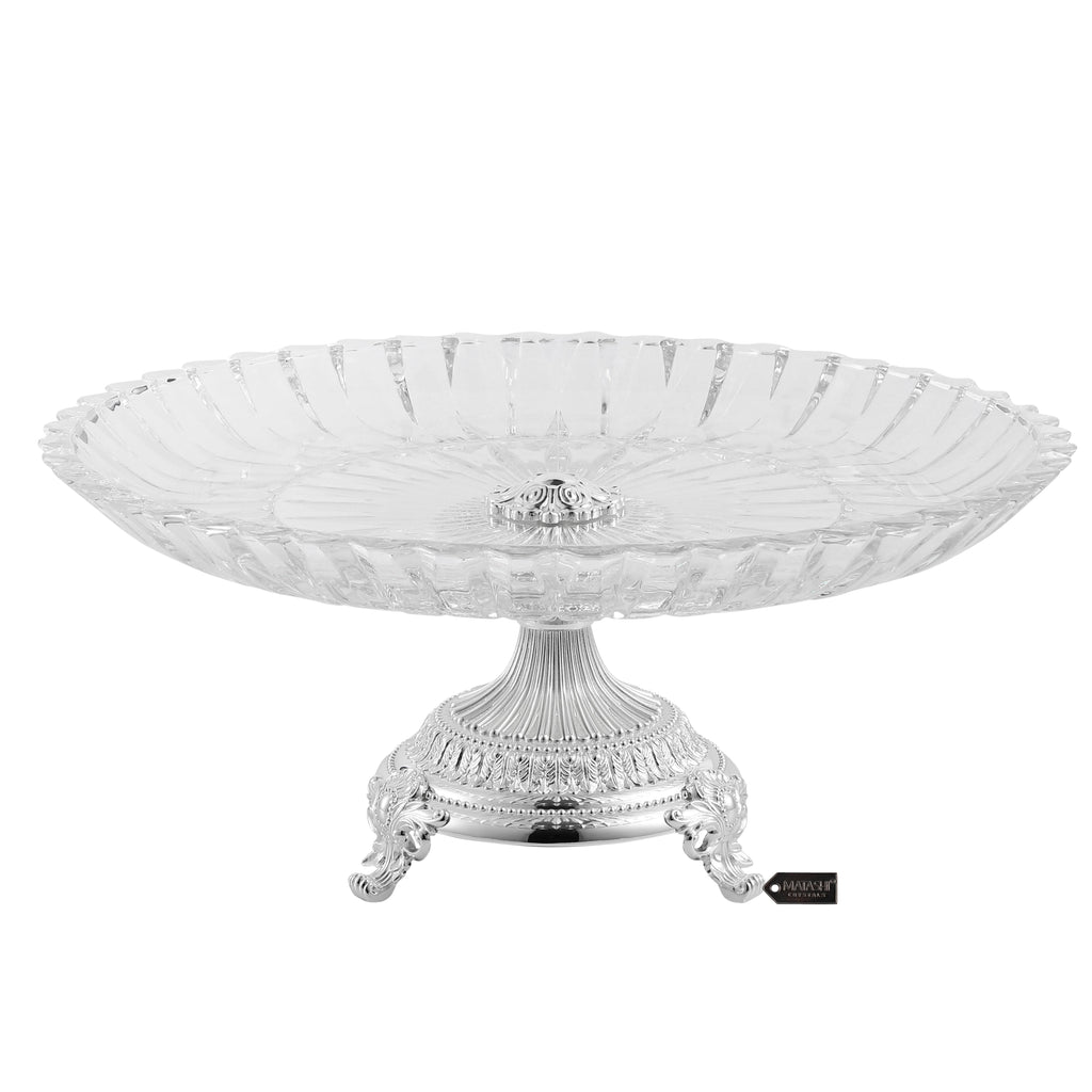 Crystal Cake Plate Decorative Dish Round Serving Platter with Silver Plated Pedestal Base M14759