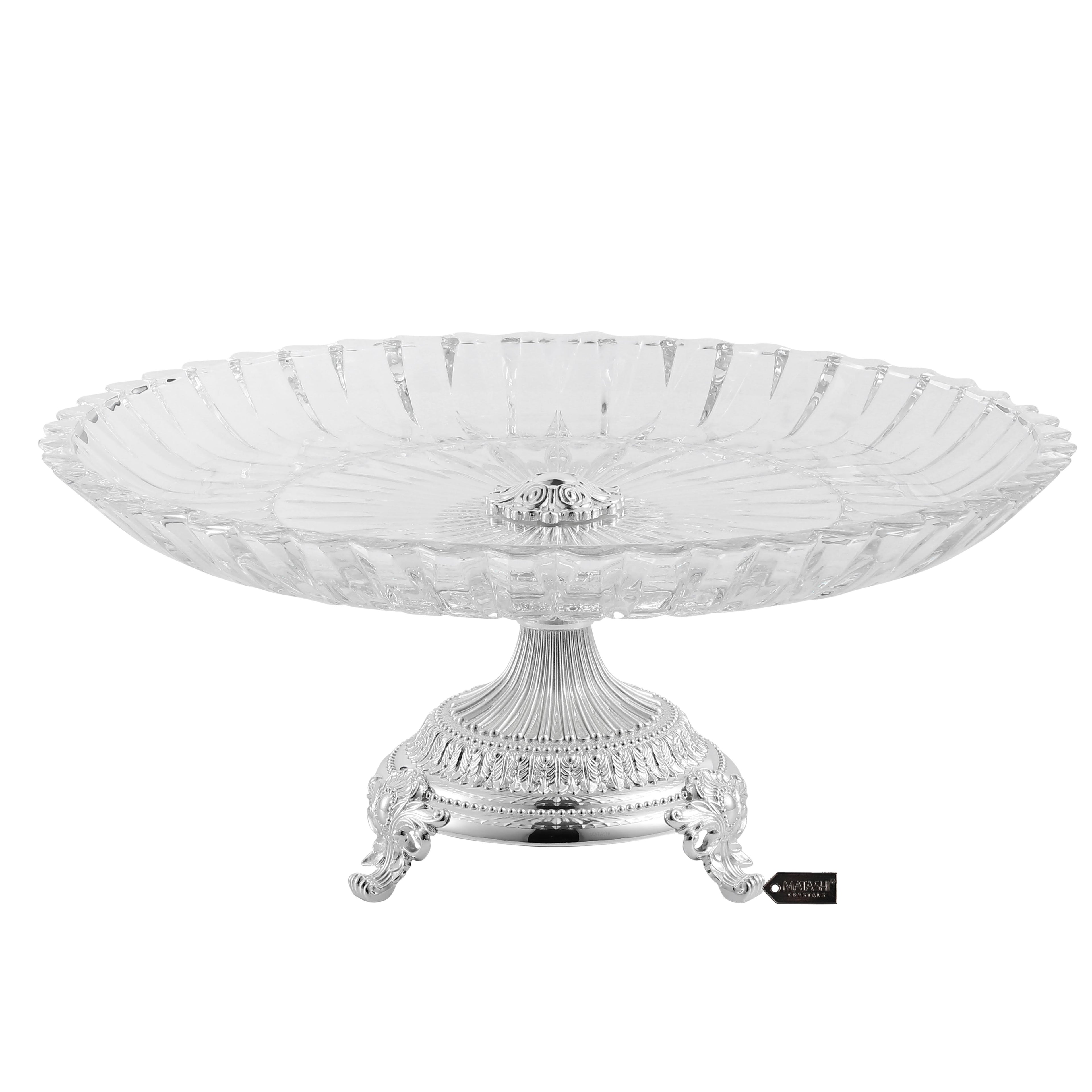 Crystal Cake Plate Decorative Dish Round Serving Platter with Silver Plated Pedestal Base M14759