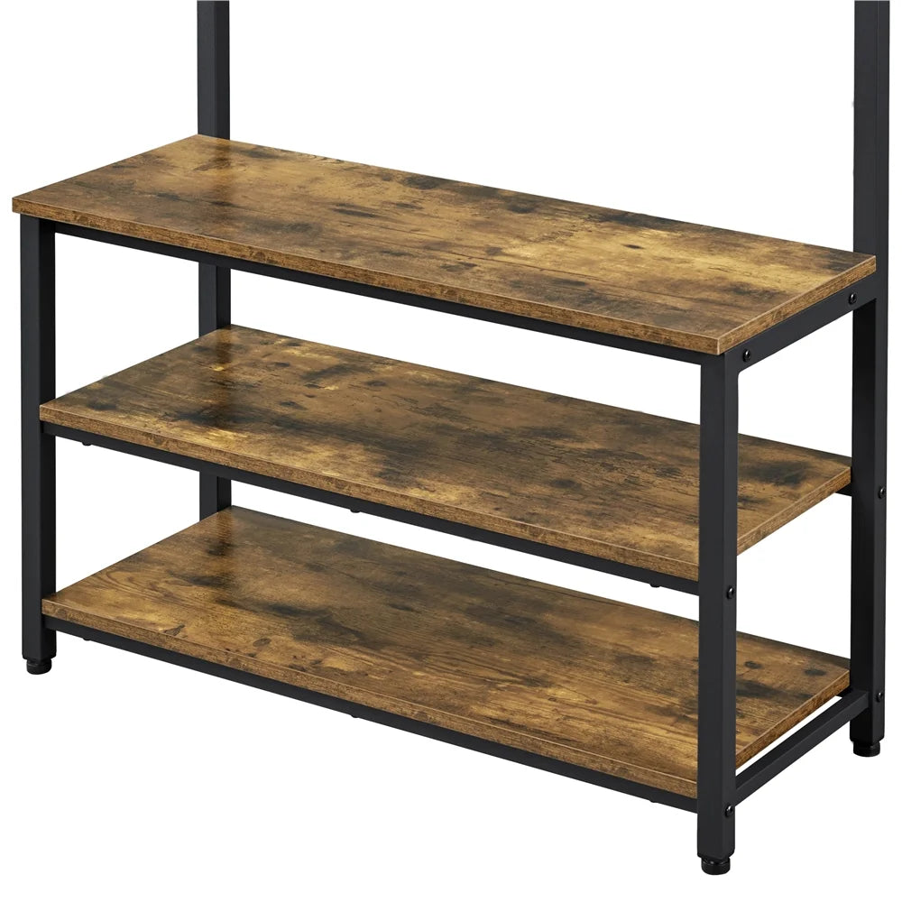 Rustic Brown 3-in-1 Industrial Hall Tree with Shoe Storage & Hooks R641