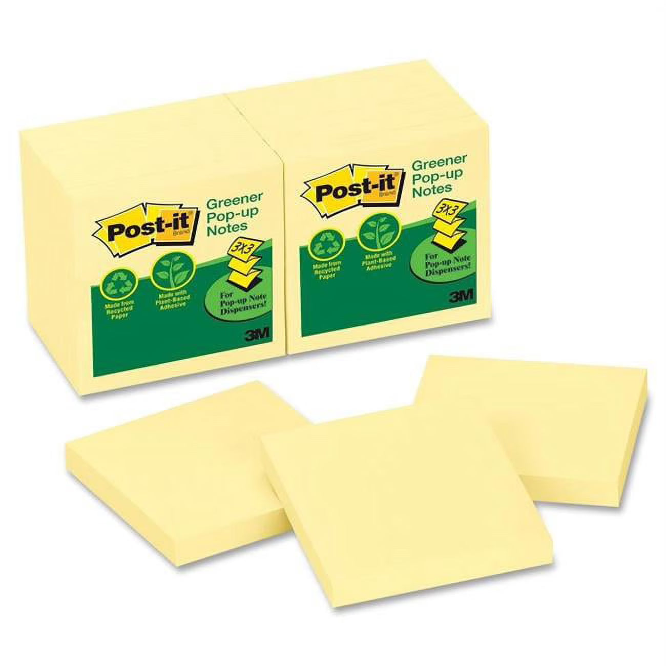 Recycled Pop-Up Sticky Notes, Canary Yellow, 3 x 3 in., 12 Pads Per Pack L50104