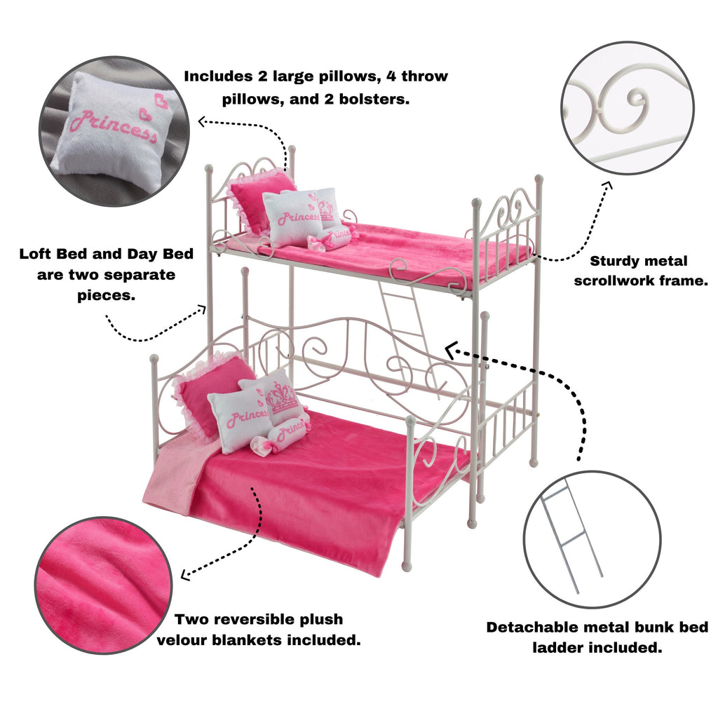 White Metal Loft Bed with Daybed for 18 inch Dolls C9508