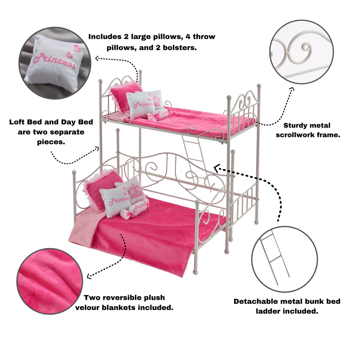 White Metal Loft Bed with Daybed for 18 inch Dolls C9508