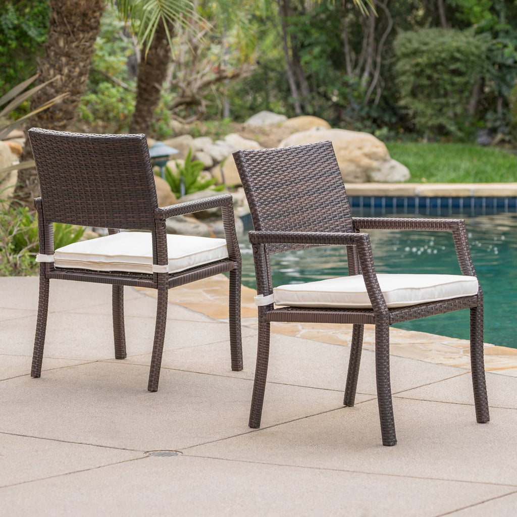 Brown Wicker Dining Chairs with White Water Resistant Cushions (Set of 2) P54916