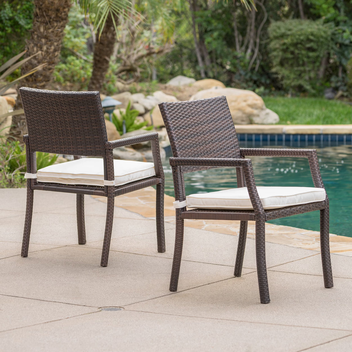 Brown Wicker Dining Chairs with White Water Resistant Cushions (Set of 2) P54916