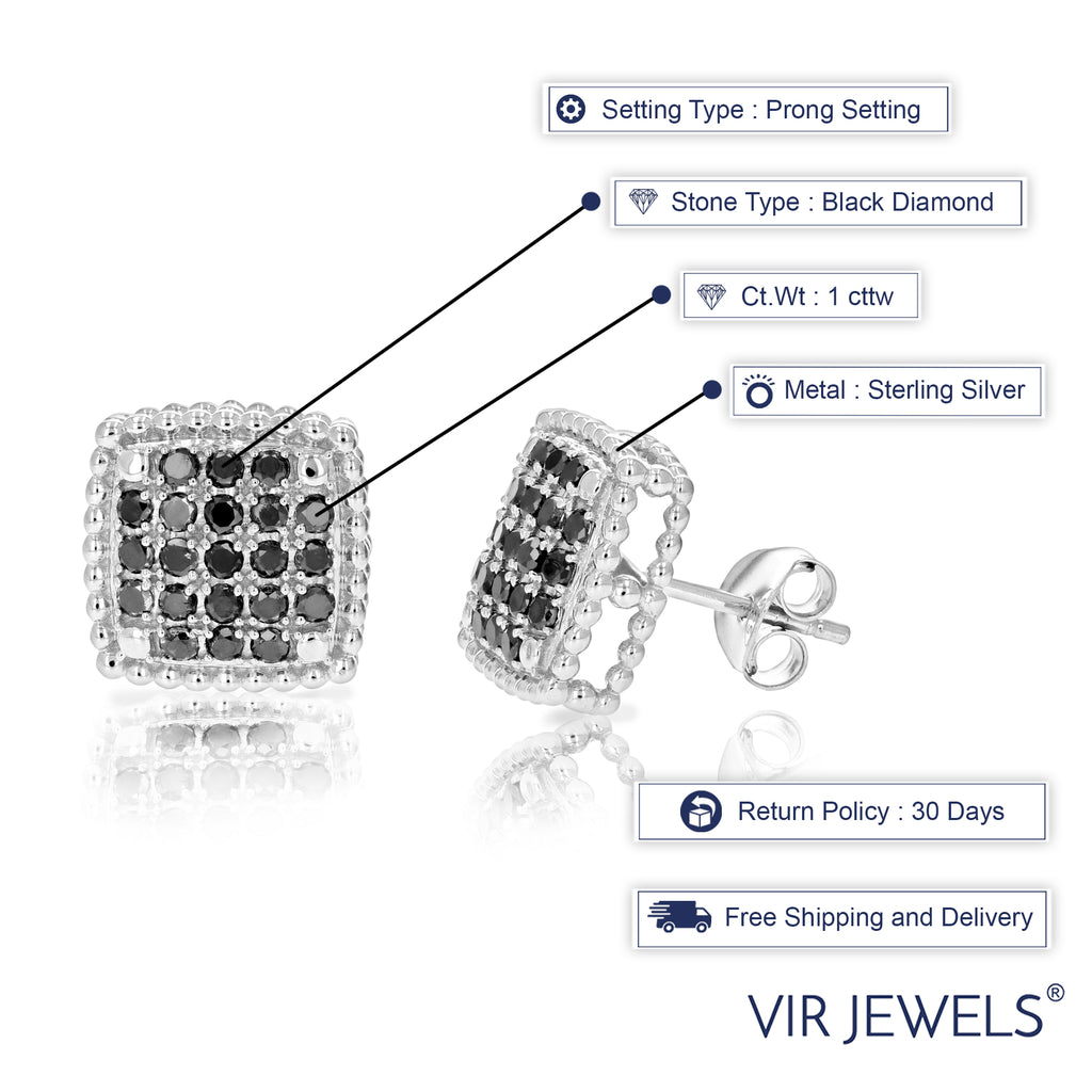 Black Diamond Cluster Composite Stud Earrings .925 Sterling Silver 1/2 Inch X147
