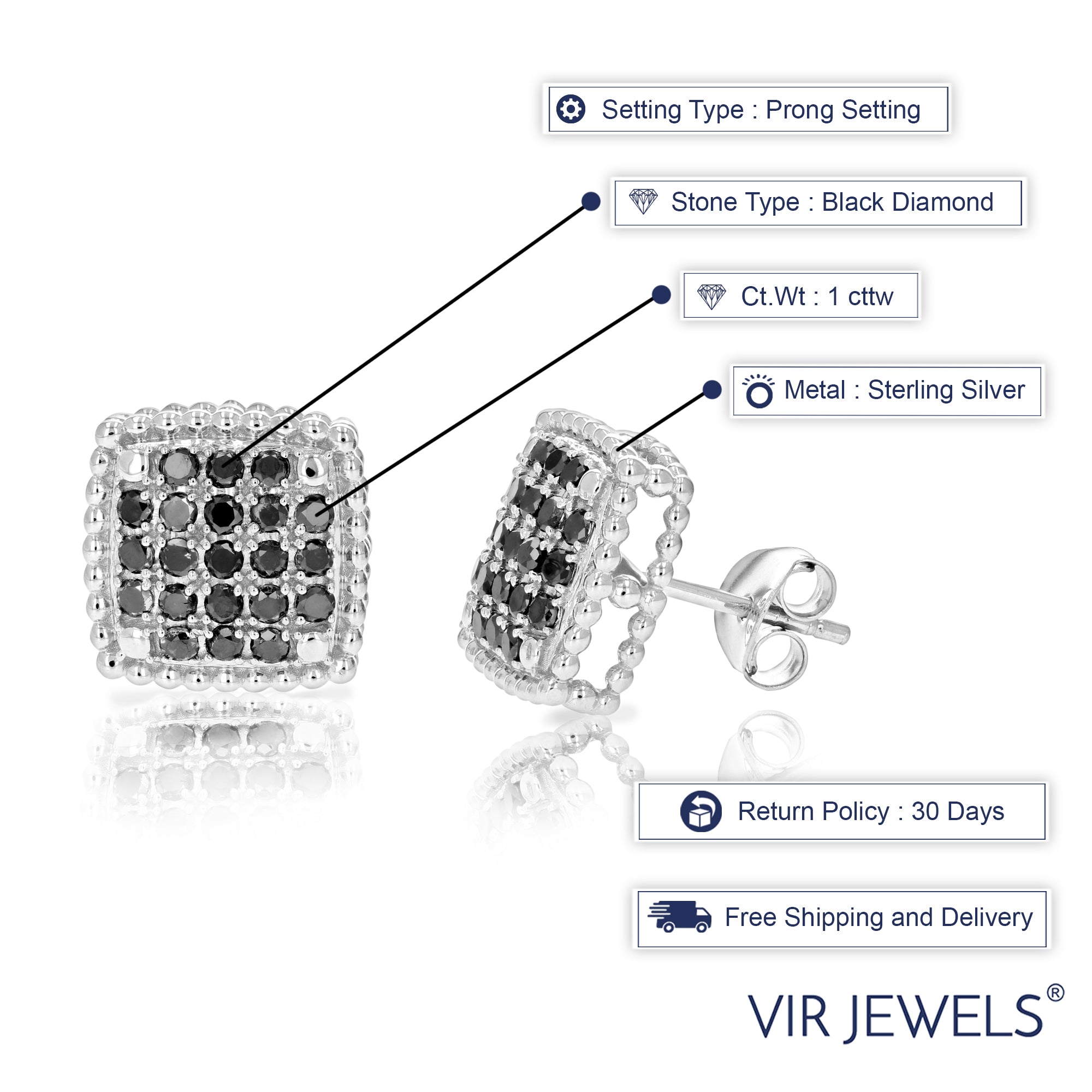 Black Diamond Cluster Composite Stud Earrings .925 Sterling Silver 1/2 Inch X147