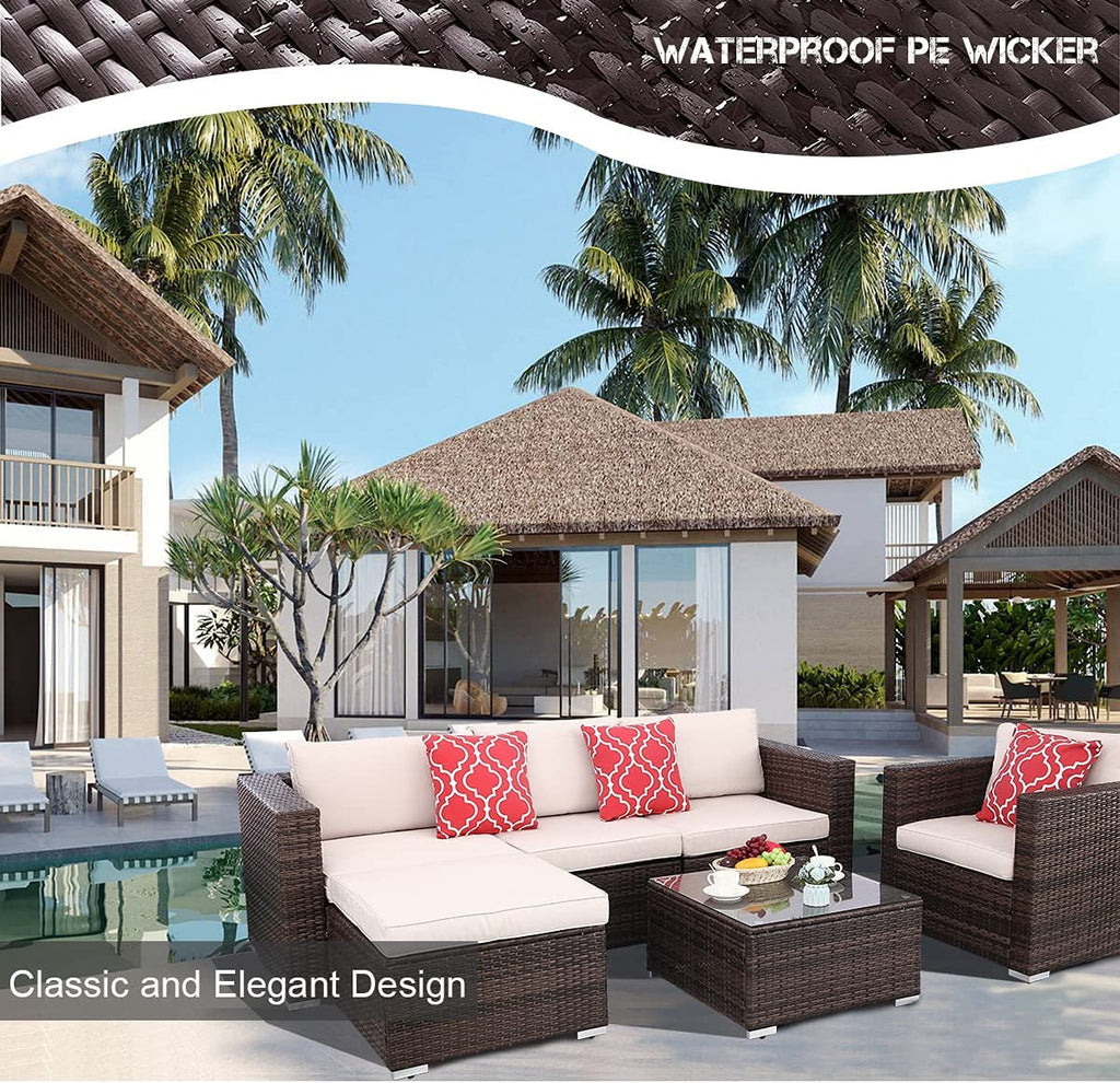 6pcs Gray Rattan Wicker Sectional Outdoor Sofa Set with Black Washable Seat Cushions & Glass Coffee Table V130597