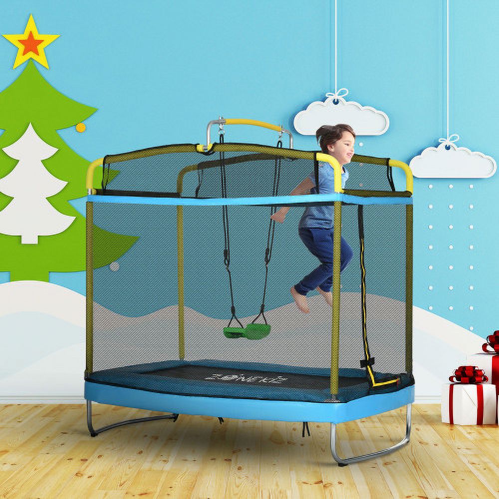 3-in-1 Kids Trampoline with Enclosure, Swing, Gymnastics Bar, Light Blue Z1598
