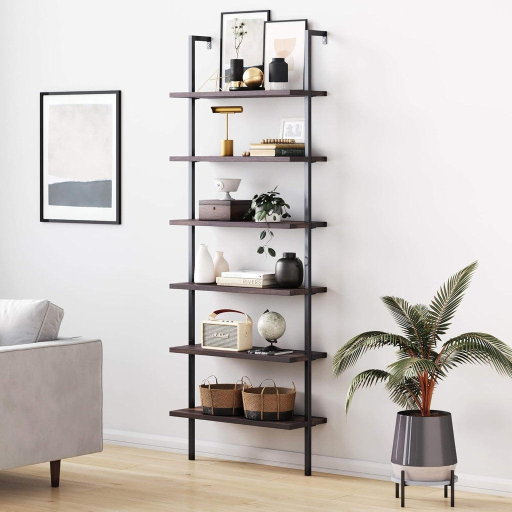 6-Shelf Tall Bookcase with Reclaimed Wood and Industrial Metal Frame, Oak/Black L4564