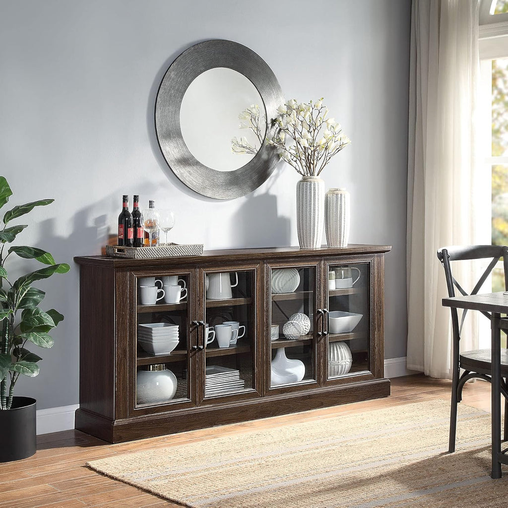 Rustic Grey Wood Sideboard Buffet with Storage Cabinet and Glass Doors N863