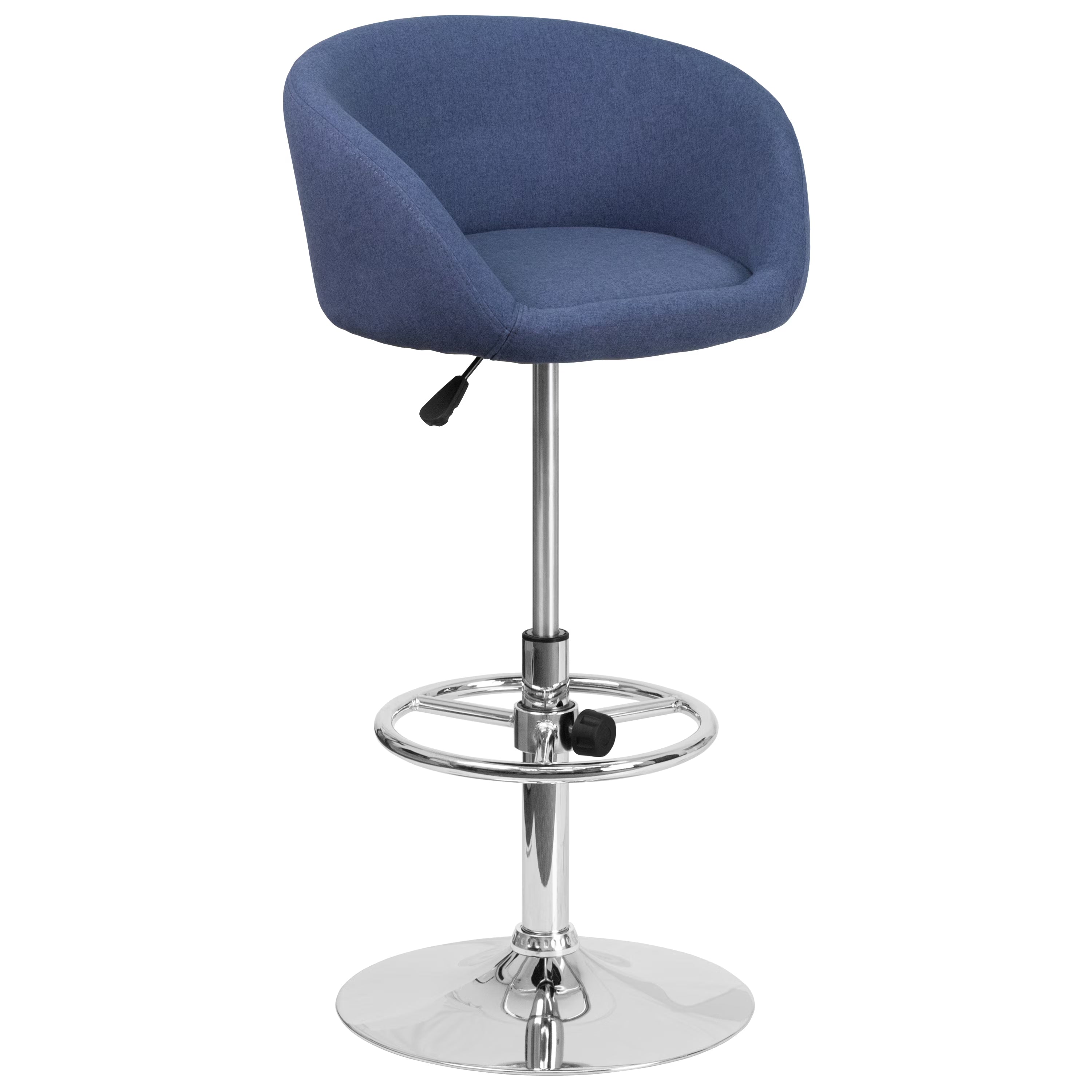 Blue Fabric Adjustable Height Barstool with Barrel Back and Chrome Base H8021