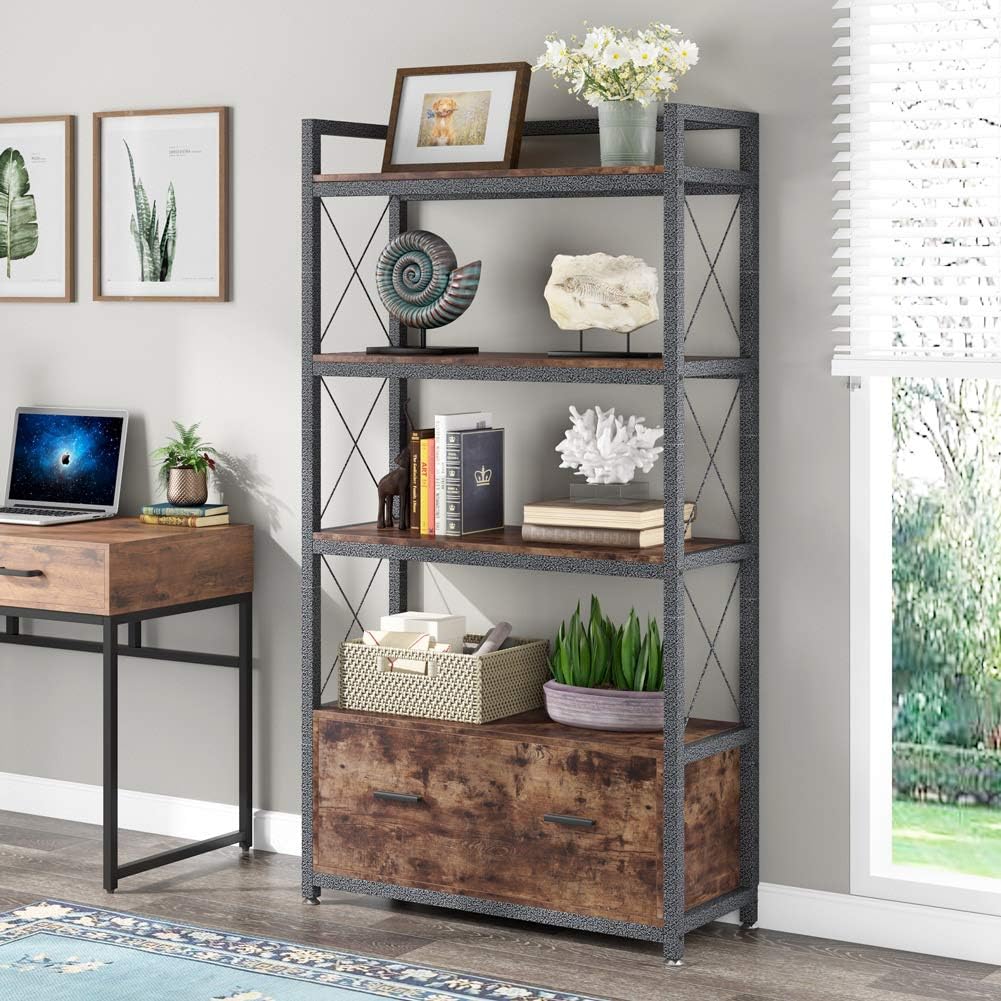 Freestanding Lateral Filing Cabinet with Drawer and Open Storage Shelves G1472