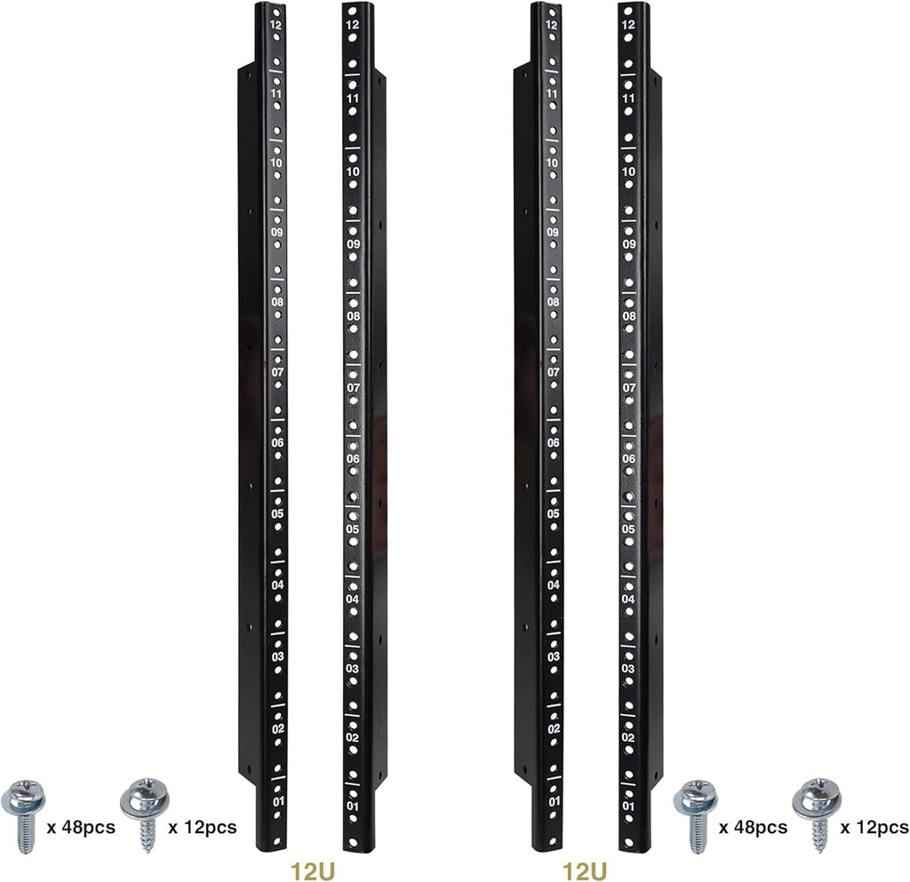 4-pack 12U Steel Rack Rails with Black Powder Coated Finish and Screws C845