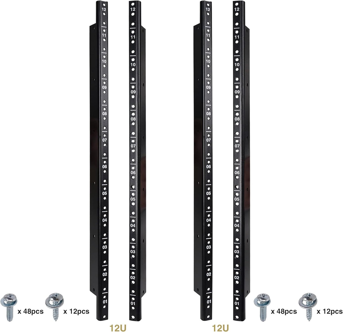4-pack 12U Steel Rack Rails with Black Powder Coated Finish and Screws C845
