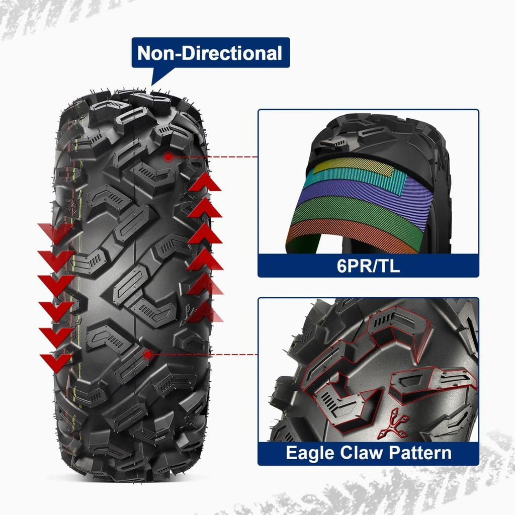 25x8-12 25x10-12 ATV Tires Set of 4, 6PR, Tubeless, 0.8" Tread Depth H44095