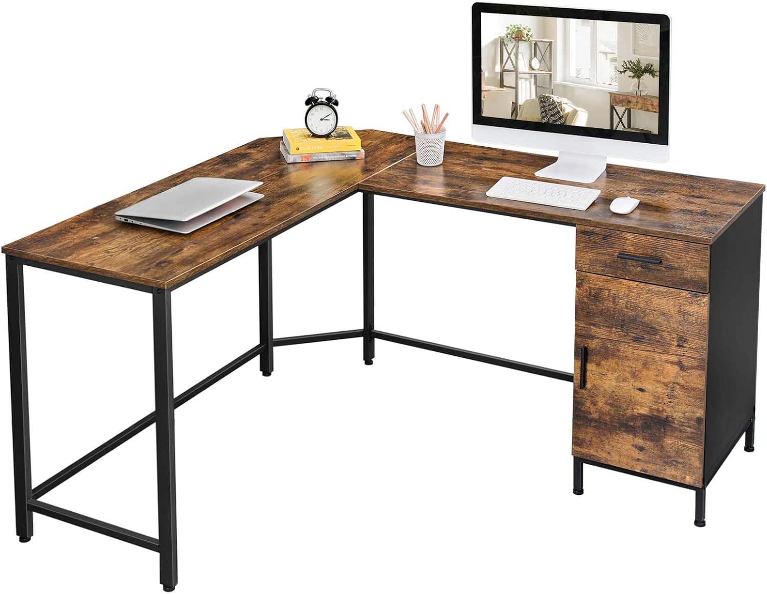 L-Shaped Corner Desk with Cabinet and Drawer, Steel, Rustic Brown and Black J880406