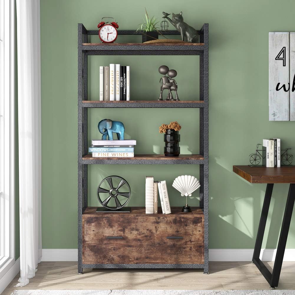 Freestanding Lateral Filing Cabinet with Drawer and Open Storage Shelves G1472