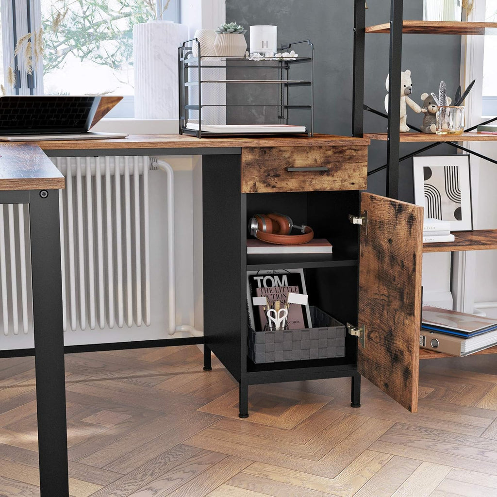 L-Shaped Corner Desk with Cabinet and Drawer, Steel, Rustic Brown and Black J880406