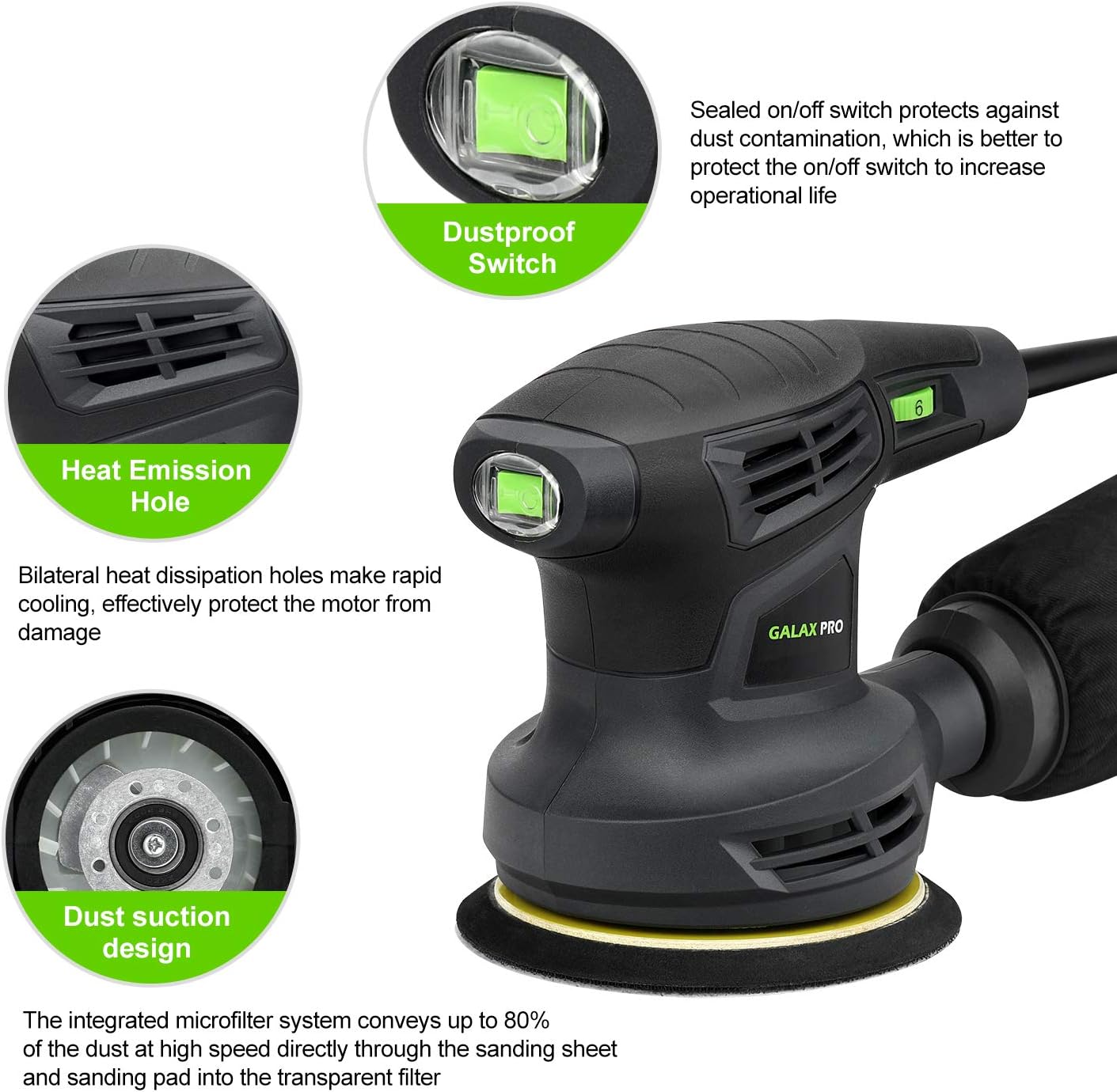 280W 5" Variable Speeds Orbital Sander with Dust Collector, 15Pcs Sanding Discs U77387